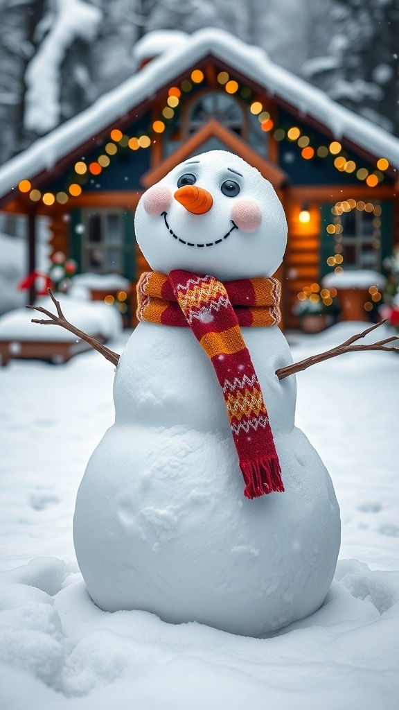 Snowman Christmas Decoration Ideas A snowman with a scarf and carrot nose in a snowy landscape with falling snowflakes.